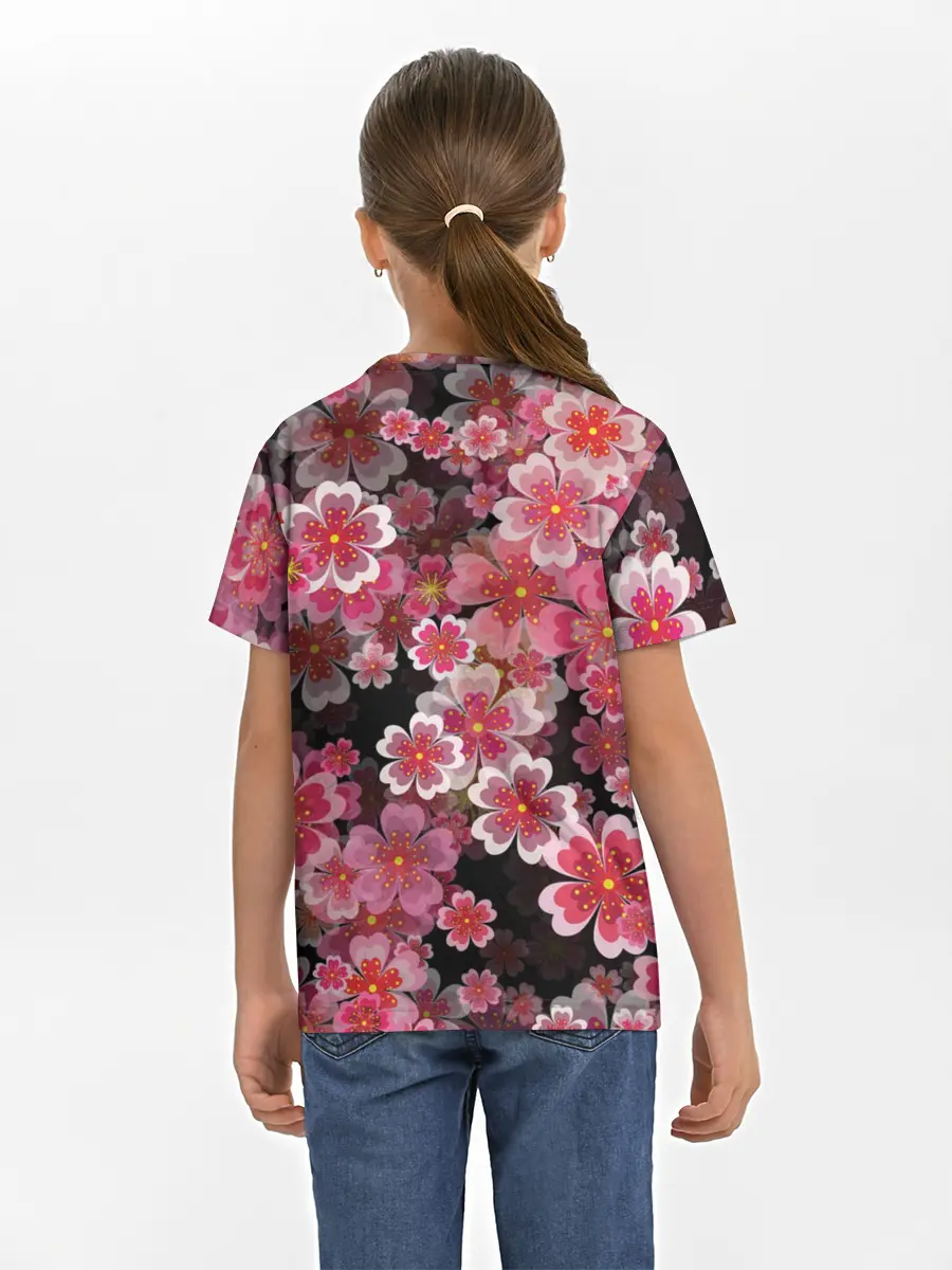 Детская базовая футболка / Иероглифы и Сакура 3D