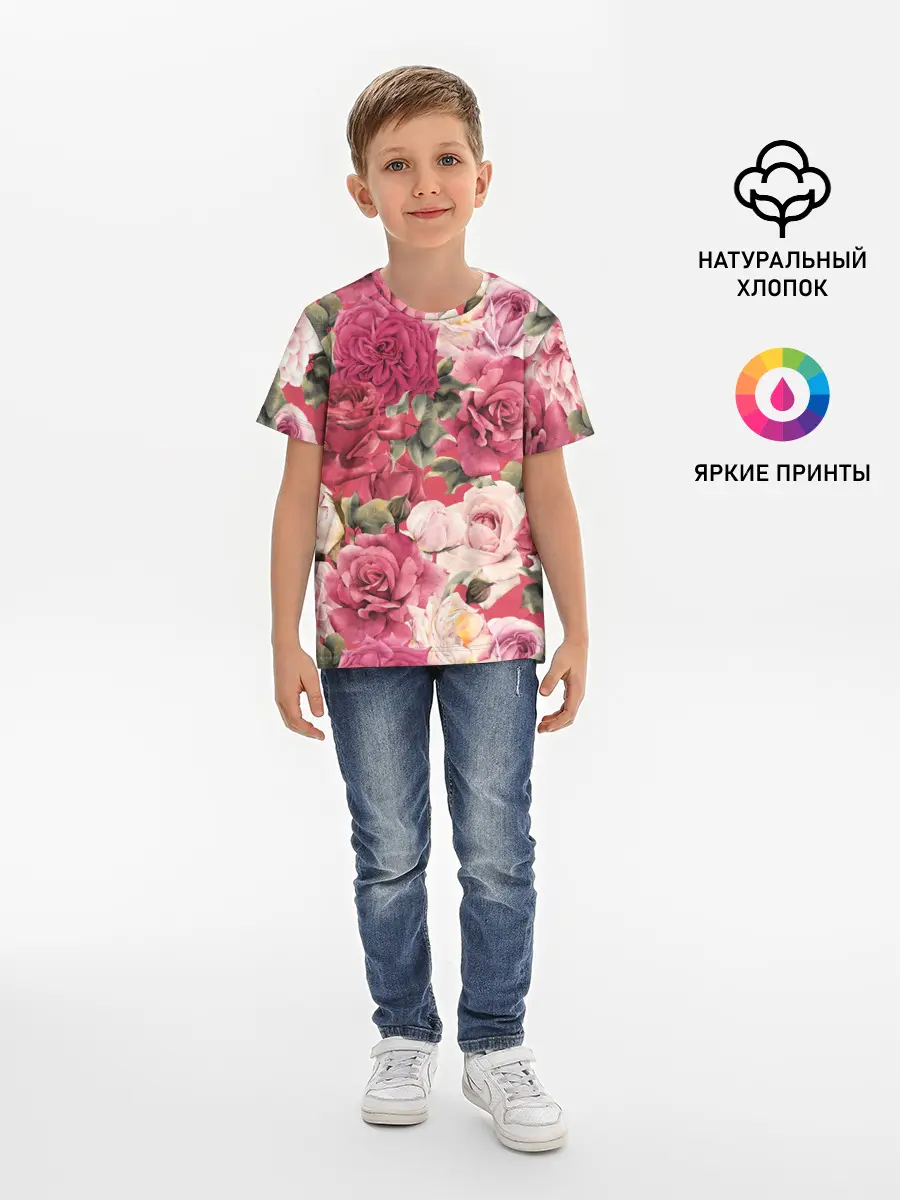 Детская базовая футболка / Акварель, розы