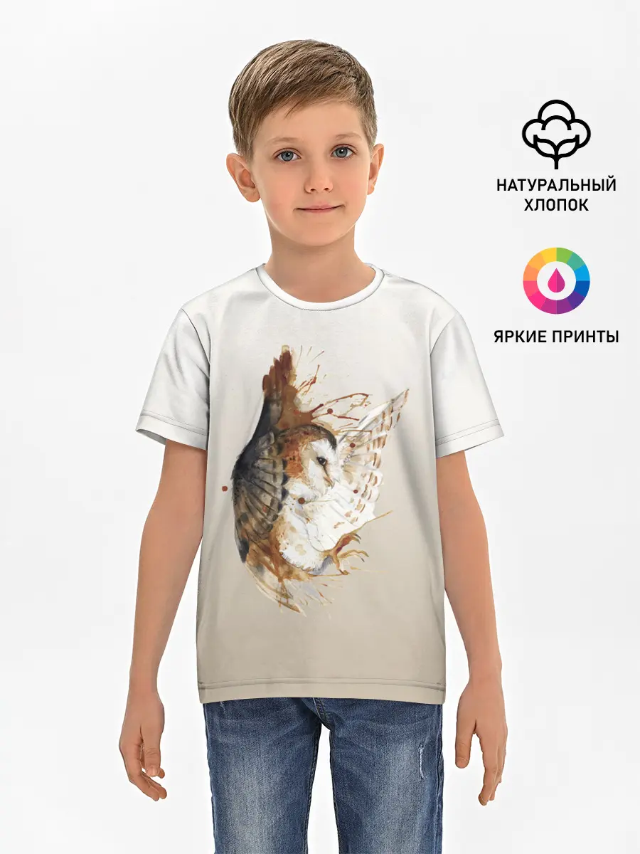 Детская базовая футболка / летящая сова рисунок
