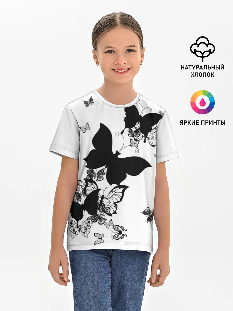 Детская базовая футболка / Черные бабочки на белом