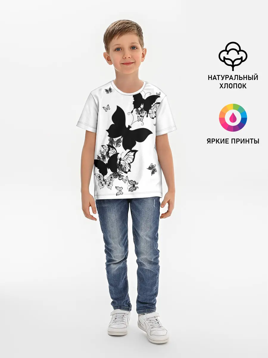 Детская базовая футболка / Черные бабочки на белом