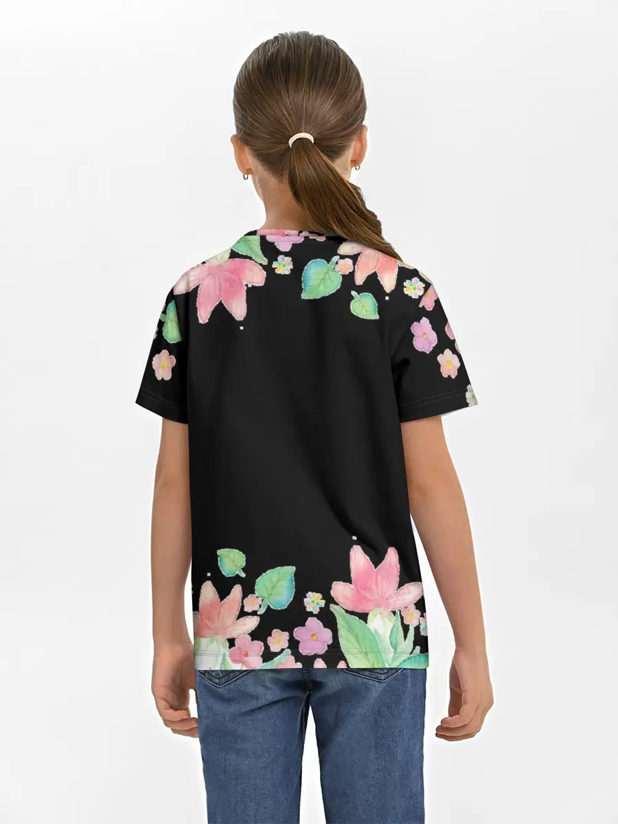 Детская базовая футболка / Рамка из розовых и зеленых листьев