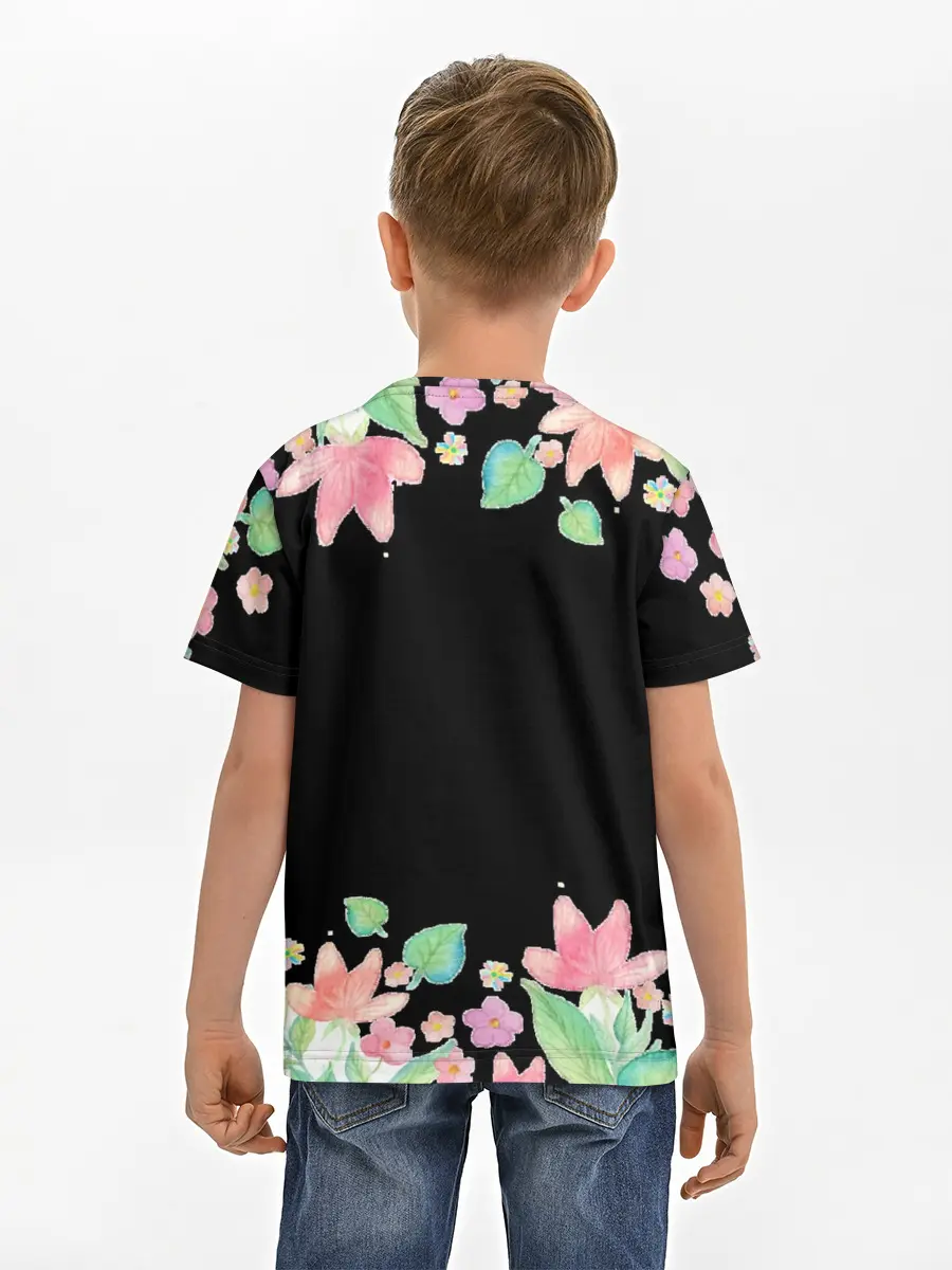 Детская базовая футболка / Рамка из розовых и зеленых листьев