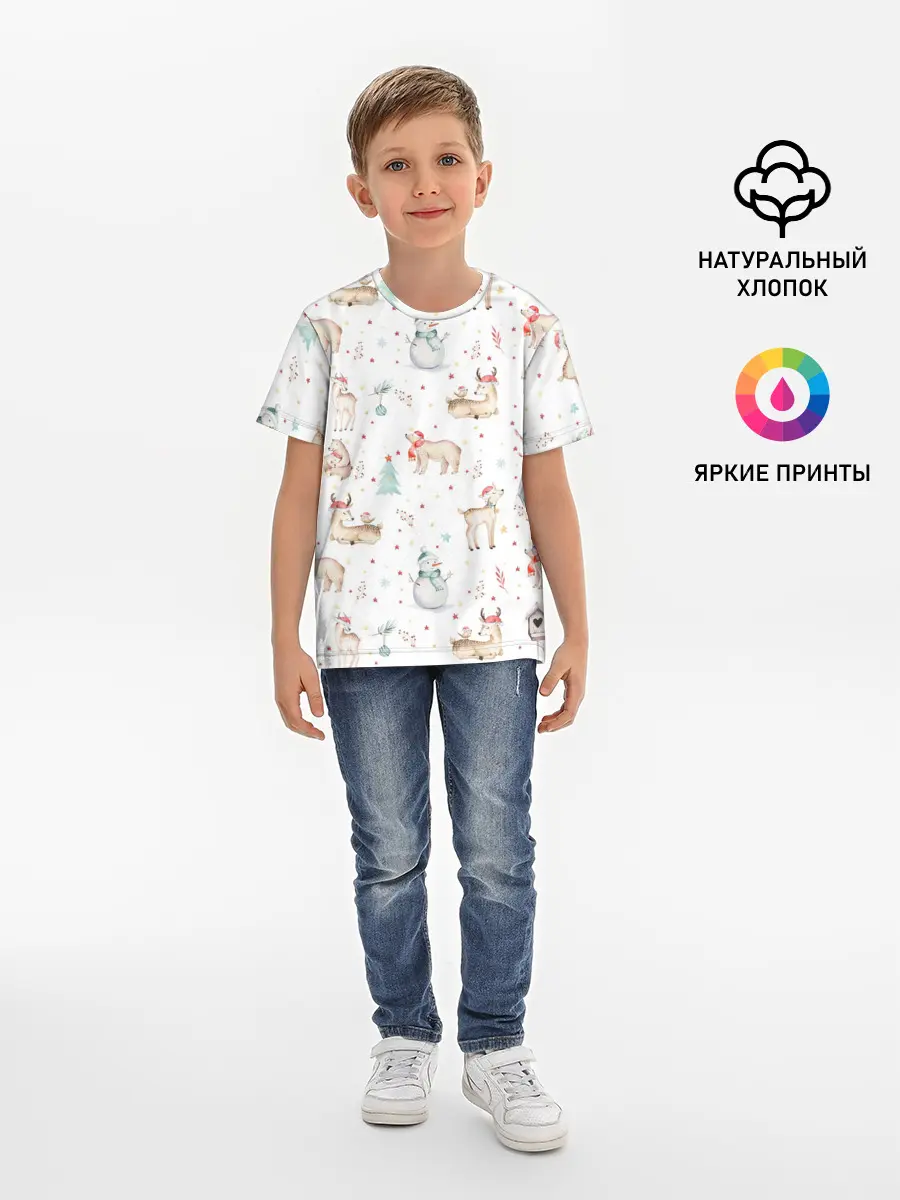 Детская базовая футболка / Паттерн с оленями и медведями