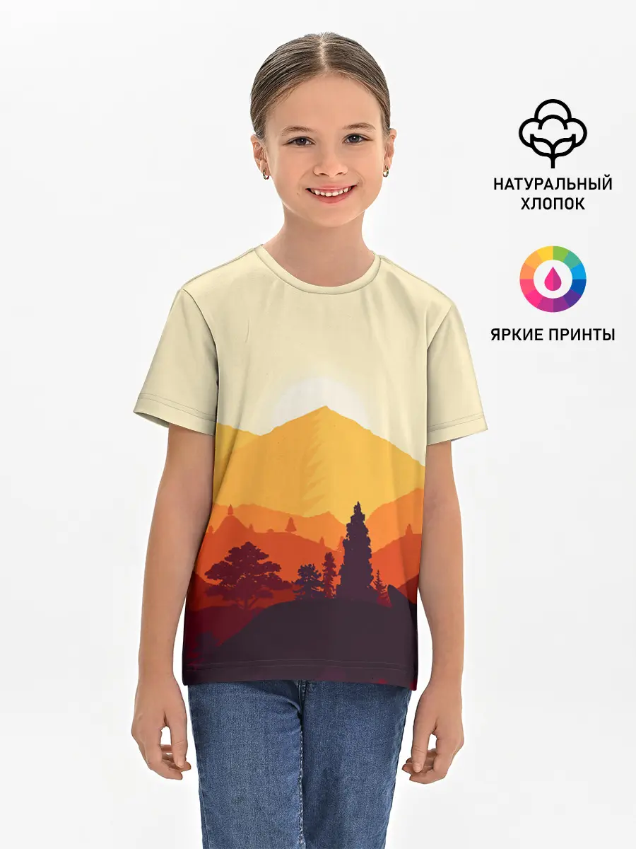 Детская базовая футболка / Горы закат пейзаж лиса арт