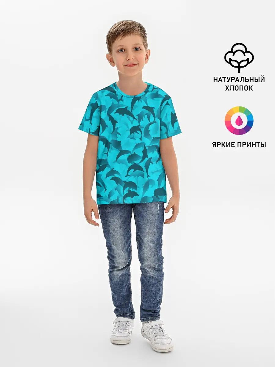 Детская базовая футболка / Синий камуфляж с дельфинами