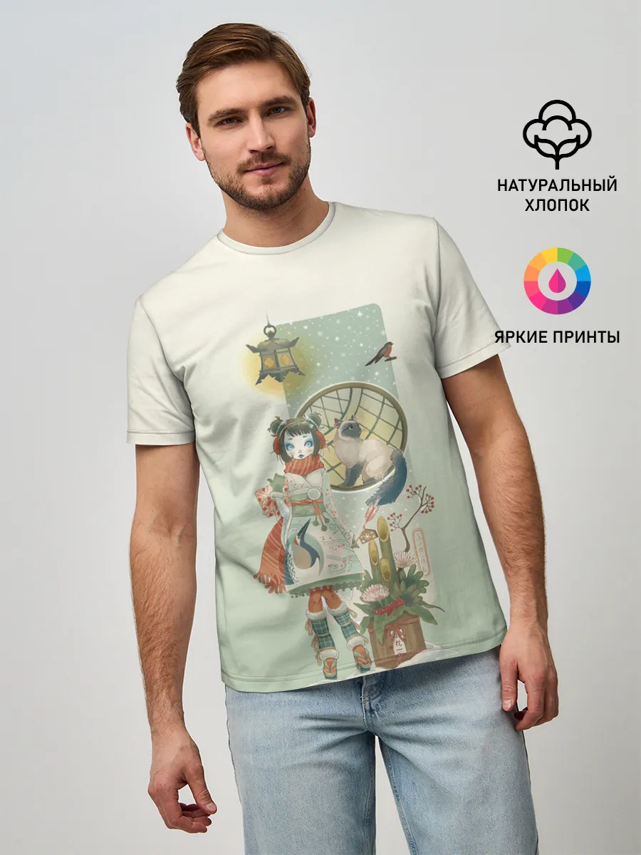 Мужская базовая футболка / девушка кимоно зима Япония кот