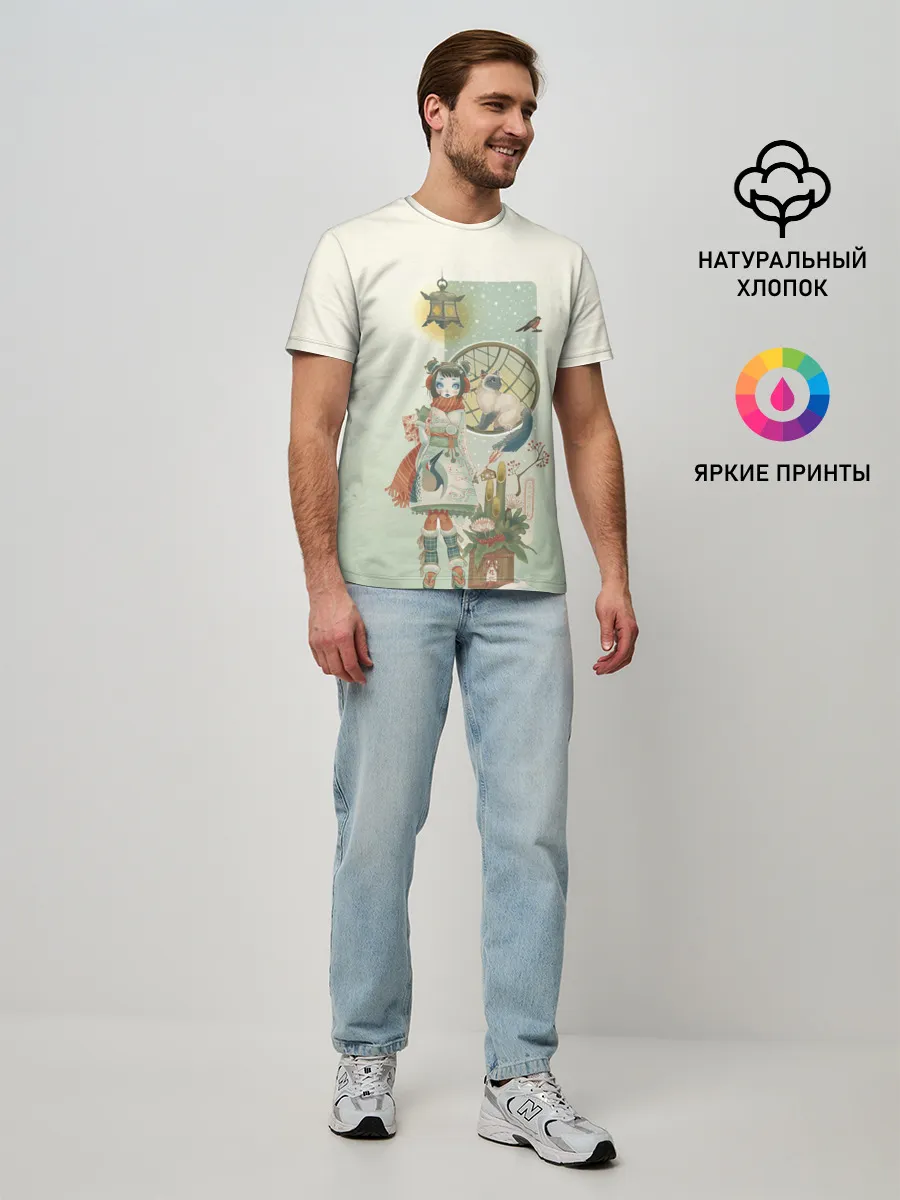 Мужская базовая футболка / девушка кимоно зима Япония кот