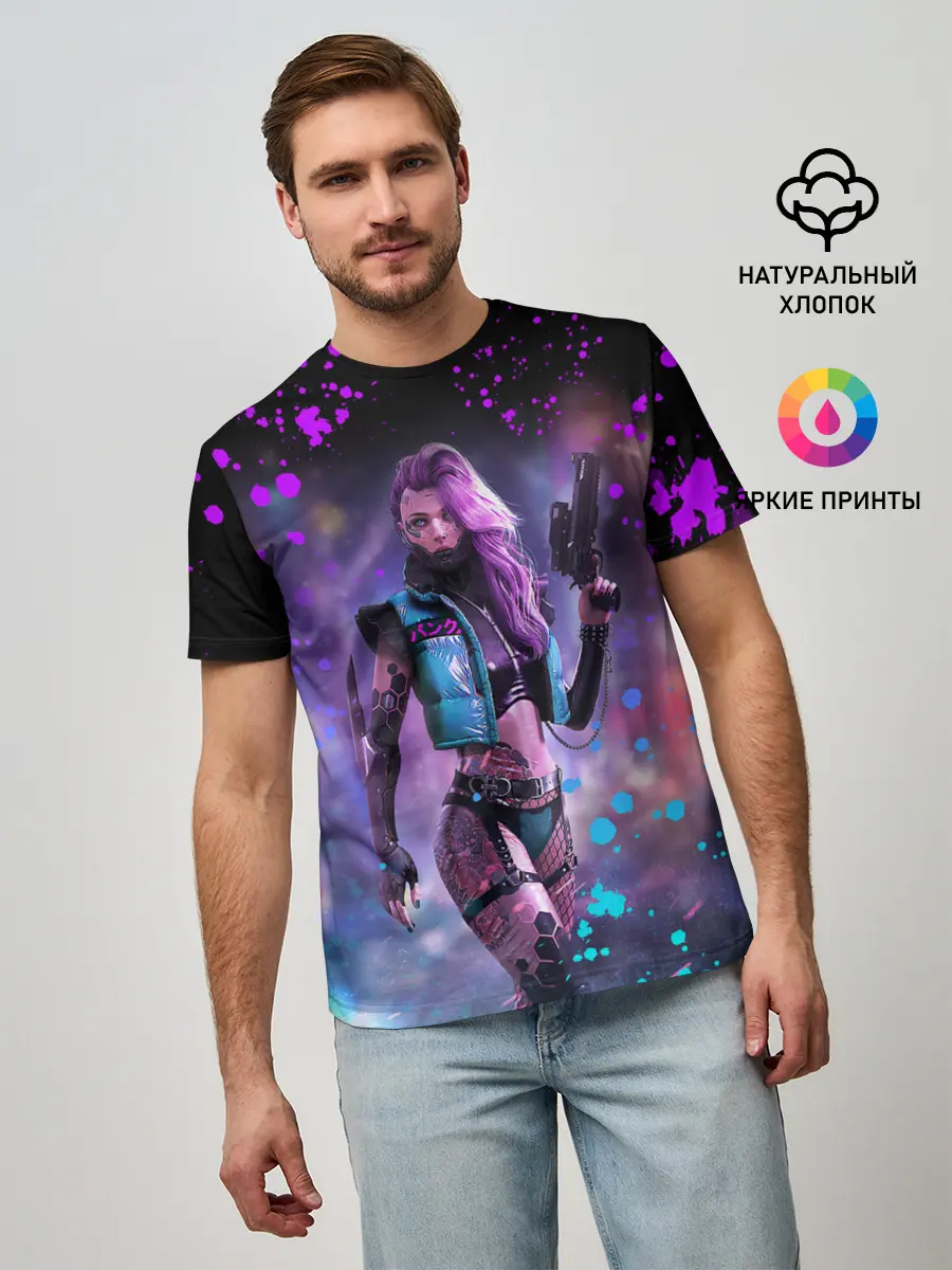 Мужская базовая футболка / CYBERPUNK 2077 NEON | КИБЕРПАНК НЕОН