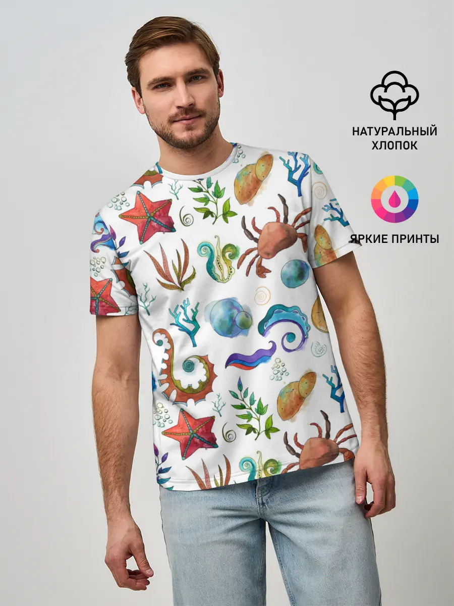 Мужская базовая футболка / Морской паттерн с крабами и водорослями