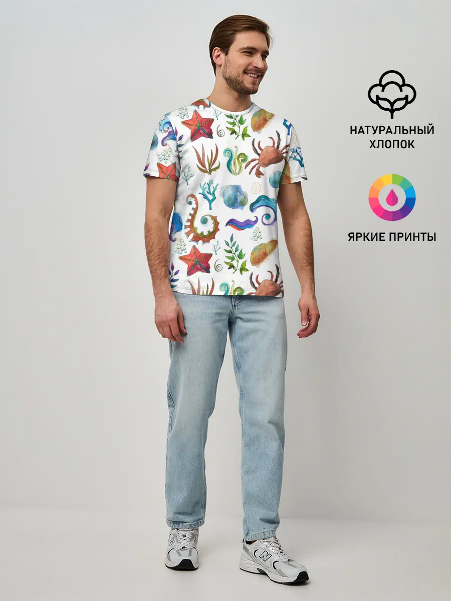 Мужская базовая футболка / Морской паттерн с крабами и водорослями