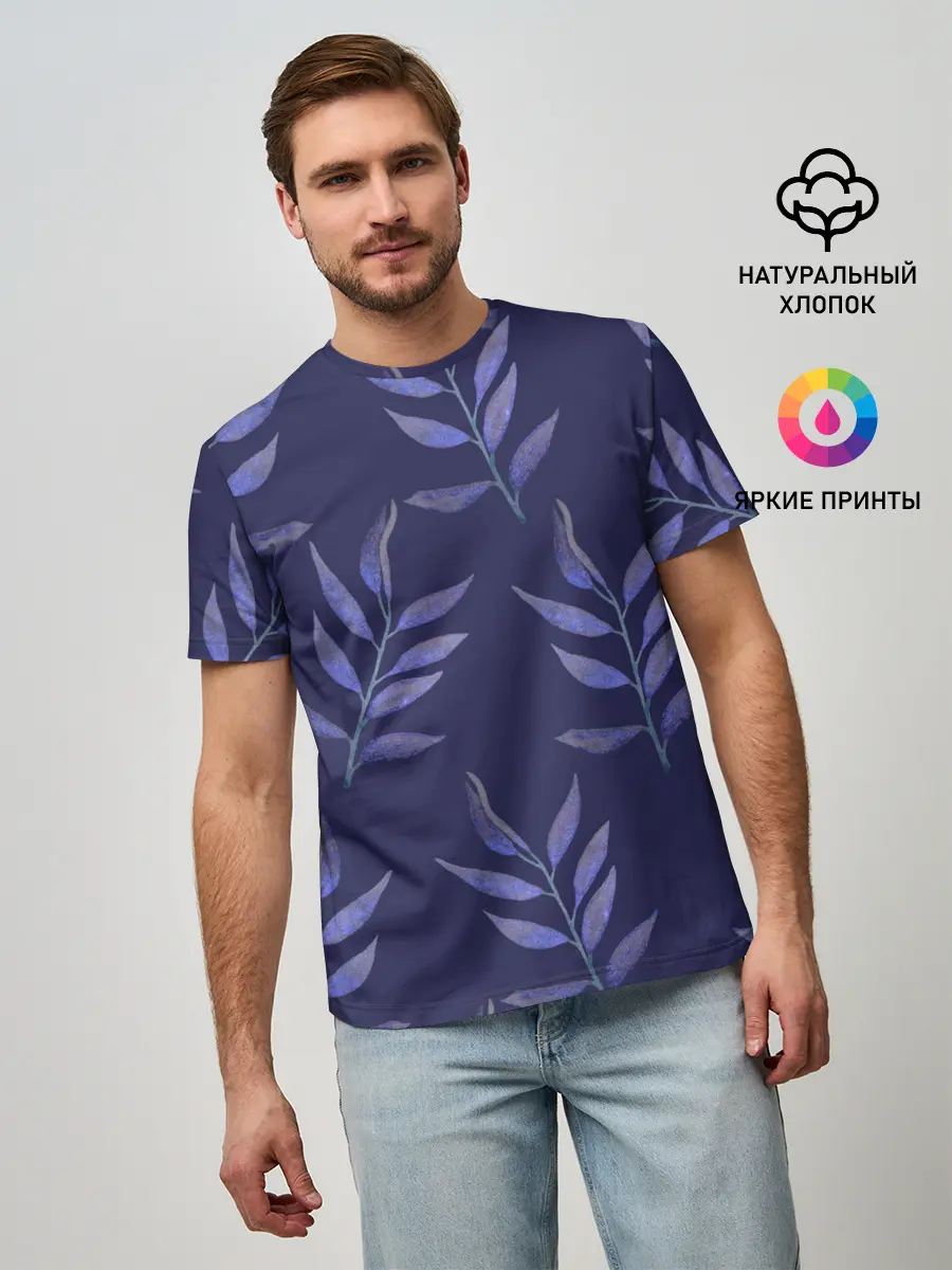 Мужская базовая футболка / Листья на темно синем фоне