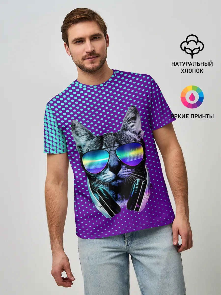 Мужская базовая футболка / Кот очки наушники модный