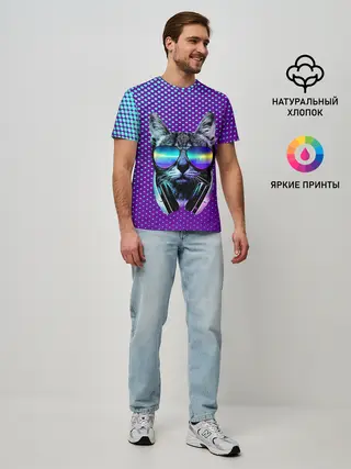 Мужская базовая футболка / Кот очки наушники модный