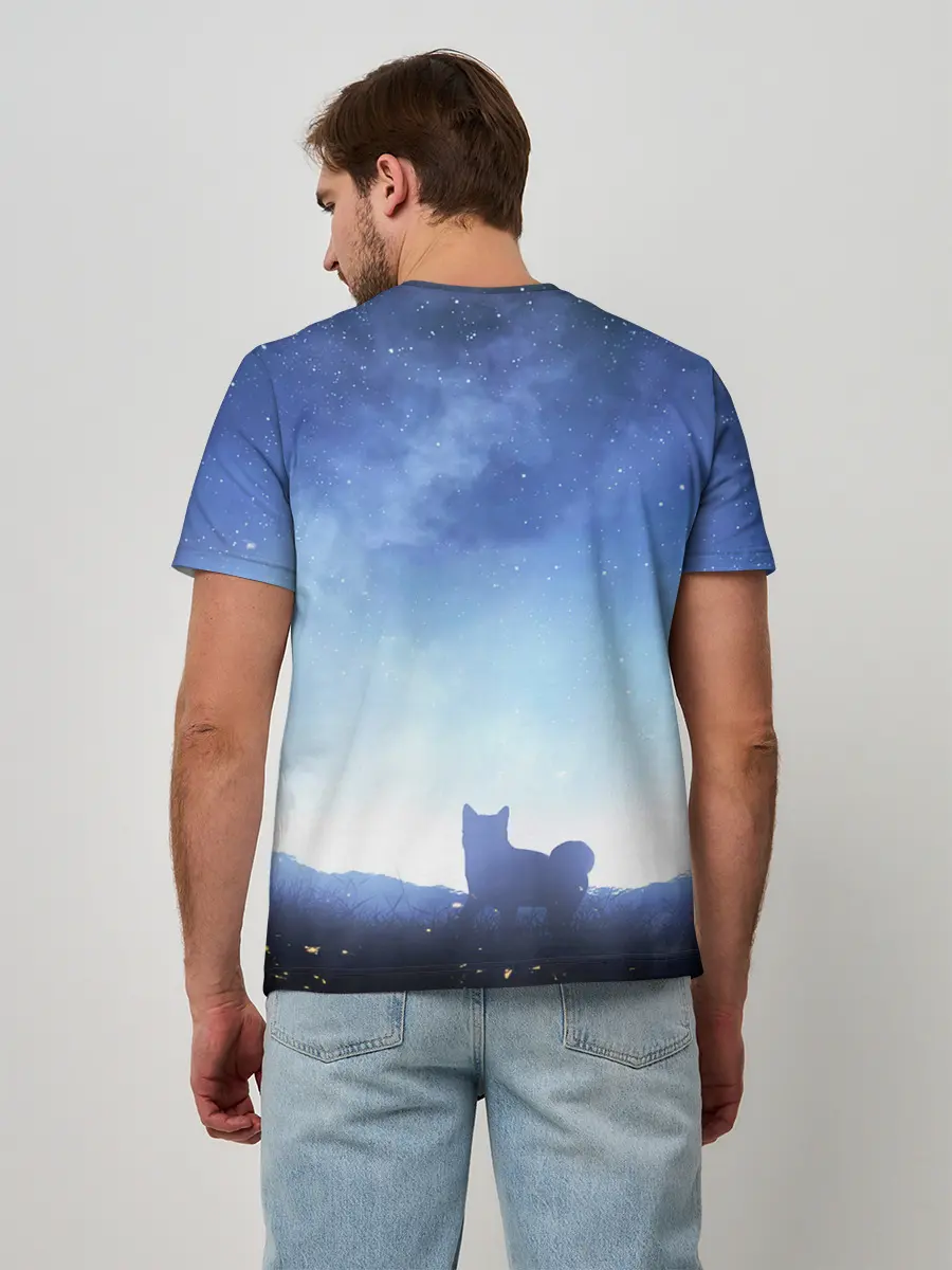 Мужская базовая футболка / силуэт корги ночь космос дымка