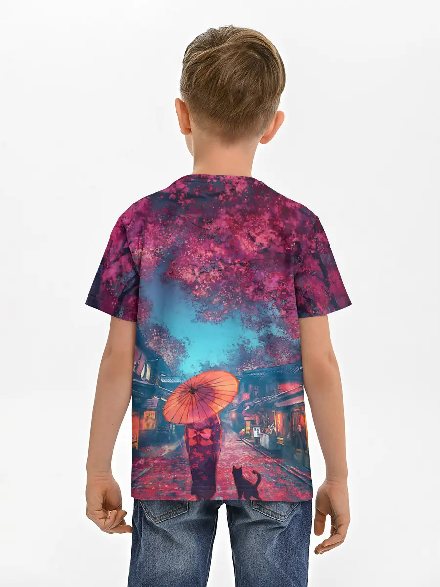 Детская базовая футболка / Фестиваль сакуры кот и гейша