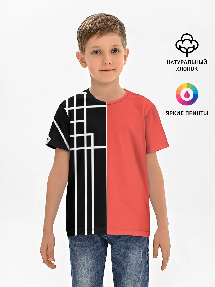 Детская базовая футболка / Черный и коралловый арт деко