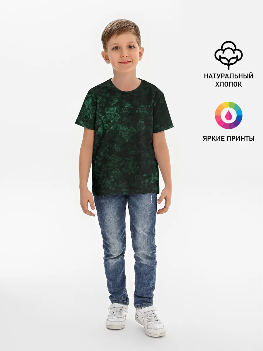 Детская базовая футболка / Темно-зеленый мраморный узор