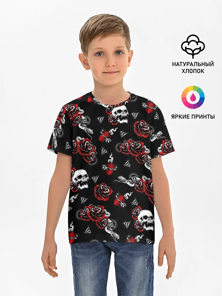 Детская базовая футболка / Черепа и розы