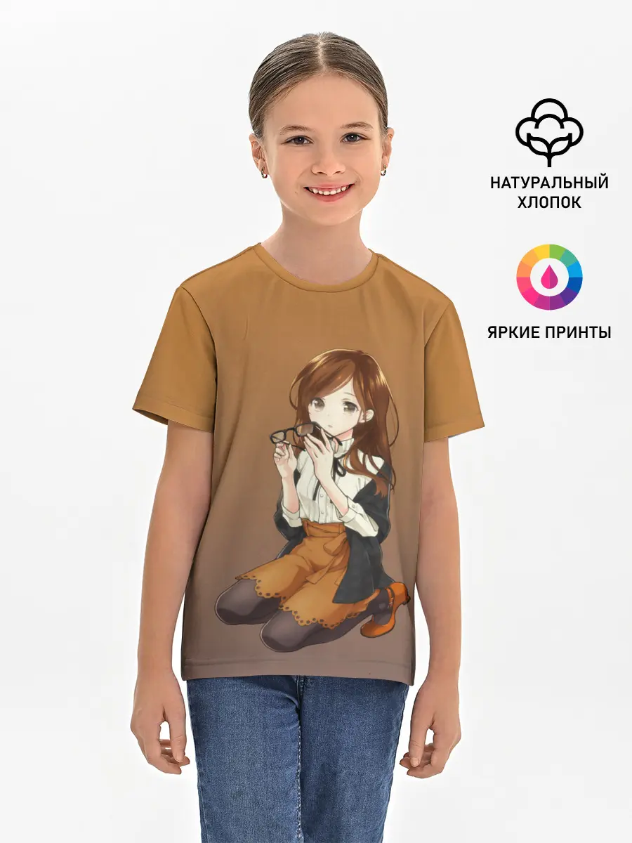 Детская базовая футболка / анимешная девочка очки офис