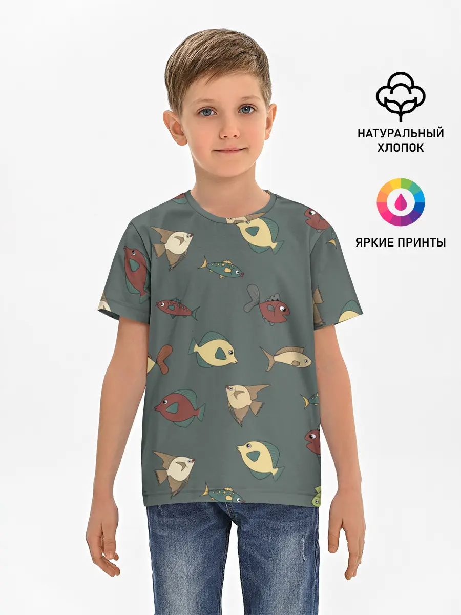 Детская базовая футболка / Морские рыбки на зеленом фоне