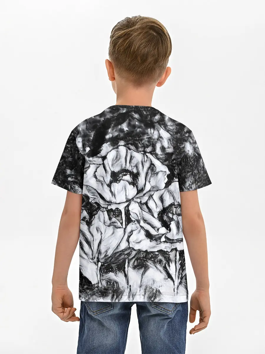 Детская базовая футболка / Черно-белый узор. Маки.