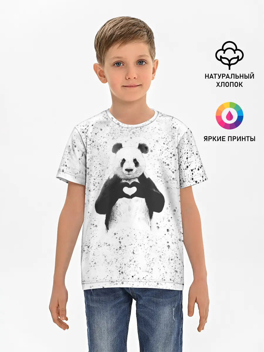 Детская базовая футболка / Панда Любовь Сердце Брызги