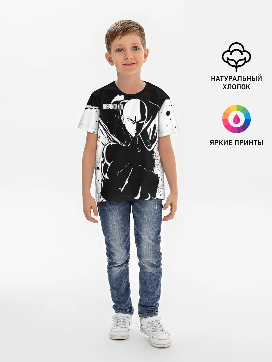 Детская базовая футболка / Черно-белый Сайтама One Punch-Man