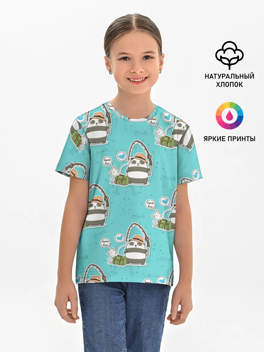 Детская базовая футболка / Панда на рыбалке