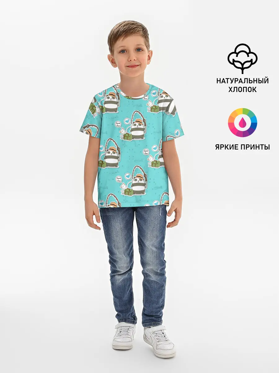 Детская базовая футболка / Панда на рыбалке