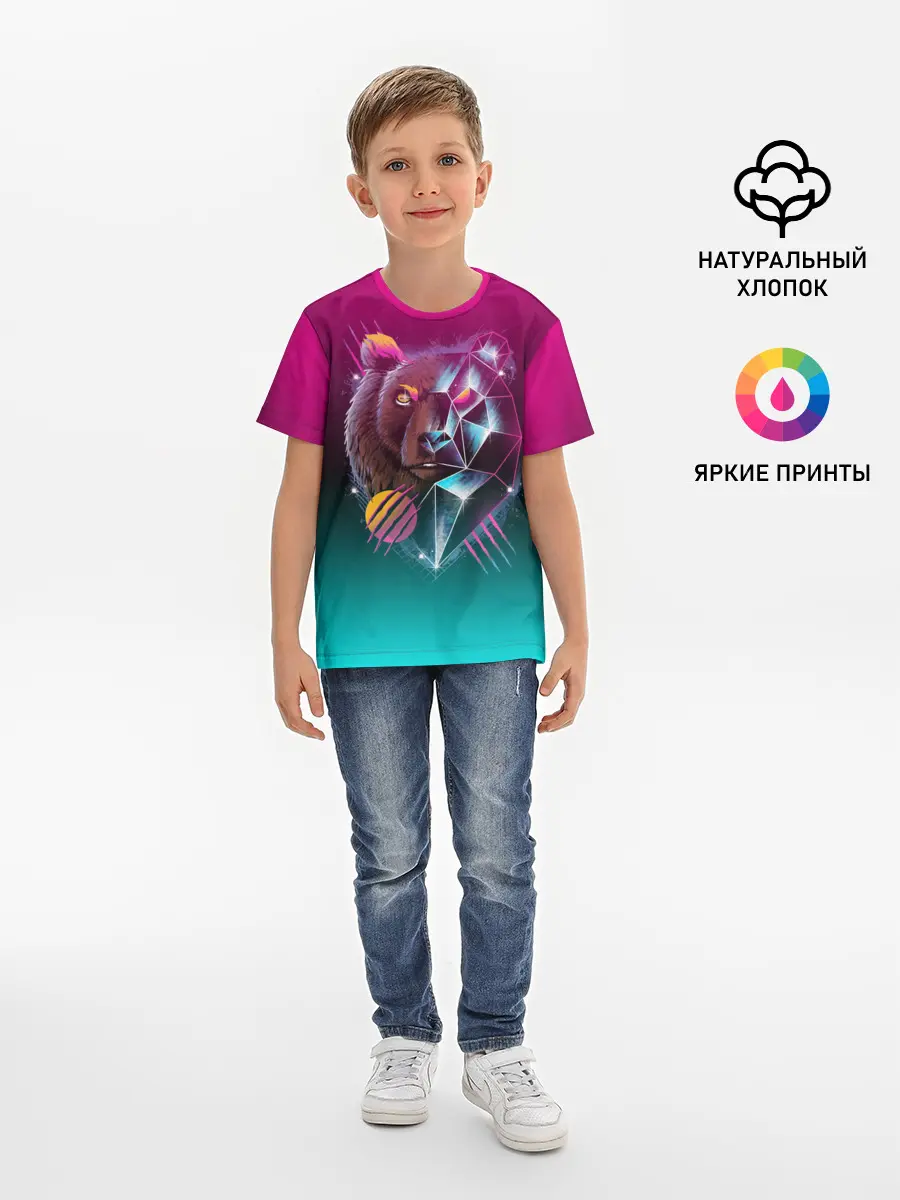 Детская базовая футболка / RETRO CYBER BEAR NEON