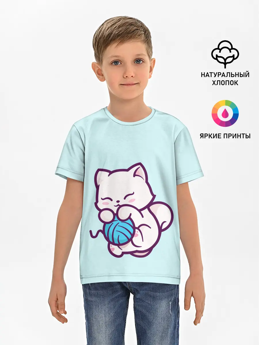 Детская базовая футболка / Белый котенок с клубком милый