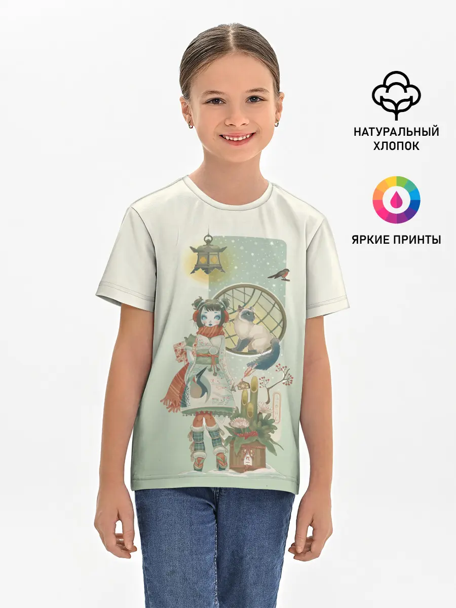 Детская базовая футболка / девушка кимоно зима Япония кот