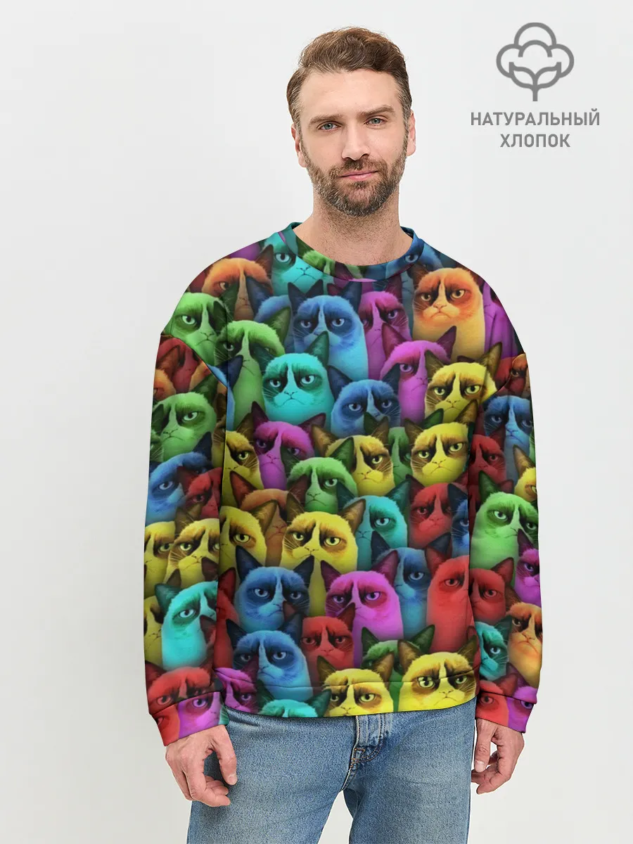 Мужской свитшот базовый / Разноцветные сердитые коты