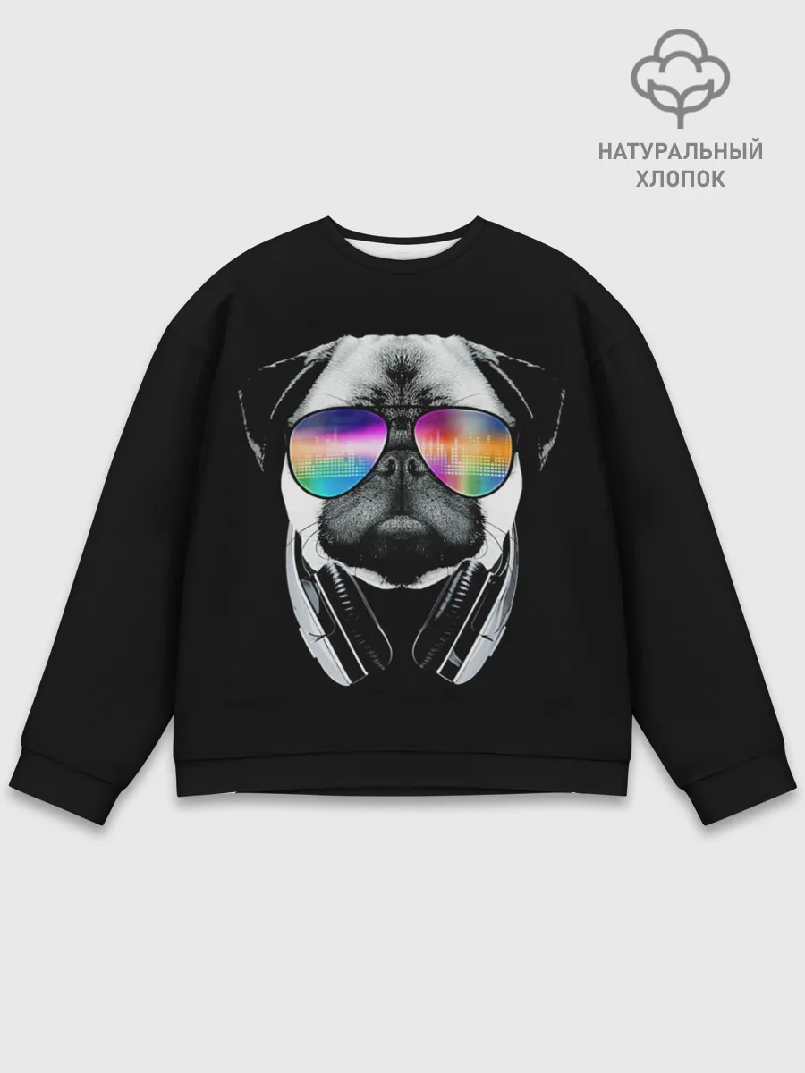 Мужской свитшот базовый / Мопс в наушниках