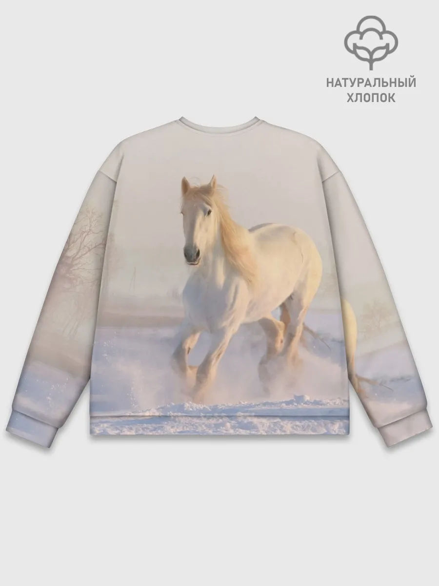 Мужской свитшот базовый / Белая лошадь на снегу