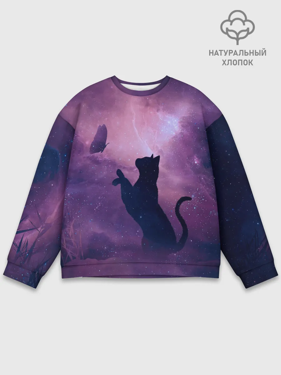 Мужской свитшот базовый / Бабочка кот силуэт фиолетовый