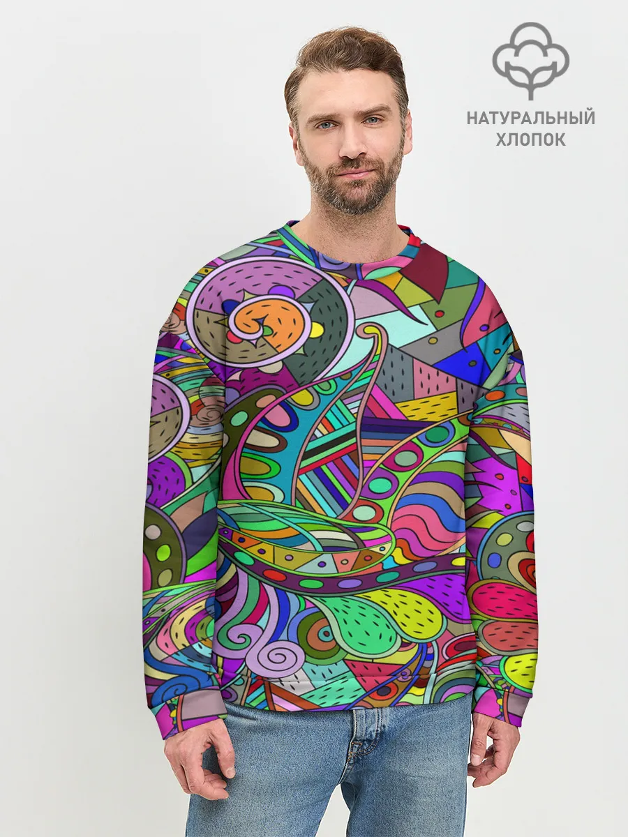 Мужской свитшот базовый / Дудлы узор разноцветный хиппи