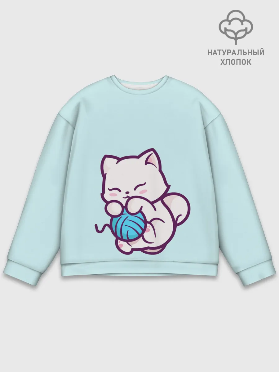 Мужской свитшот базовый / Белый котенок с клубком милый