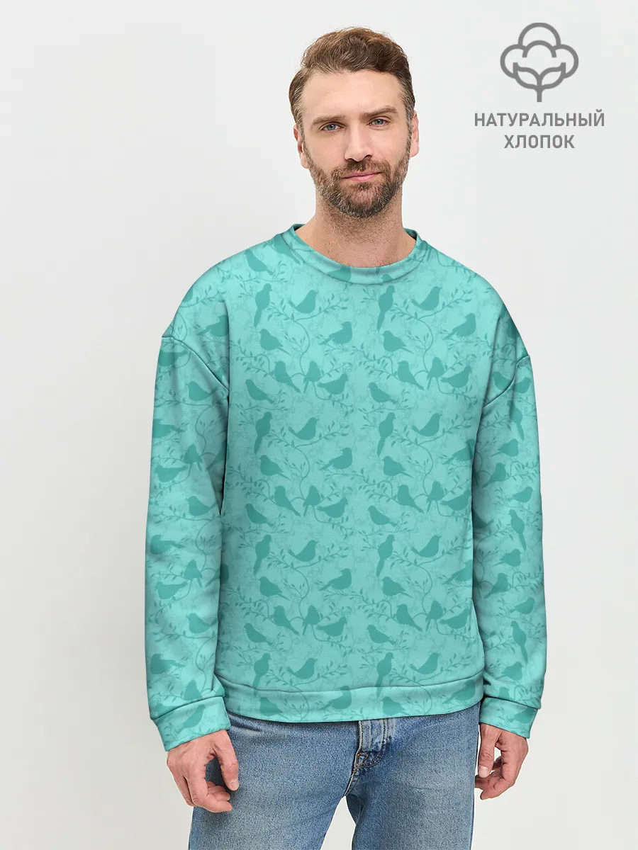 Мужской свитшот базовый / Зеленые птицы летний узор