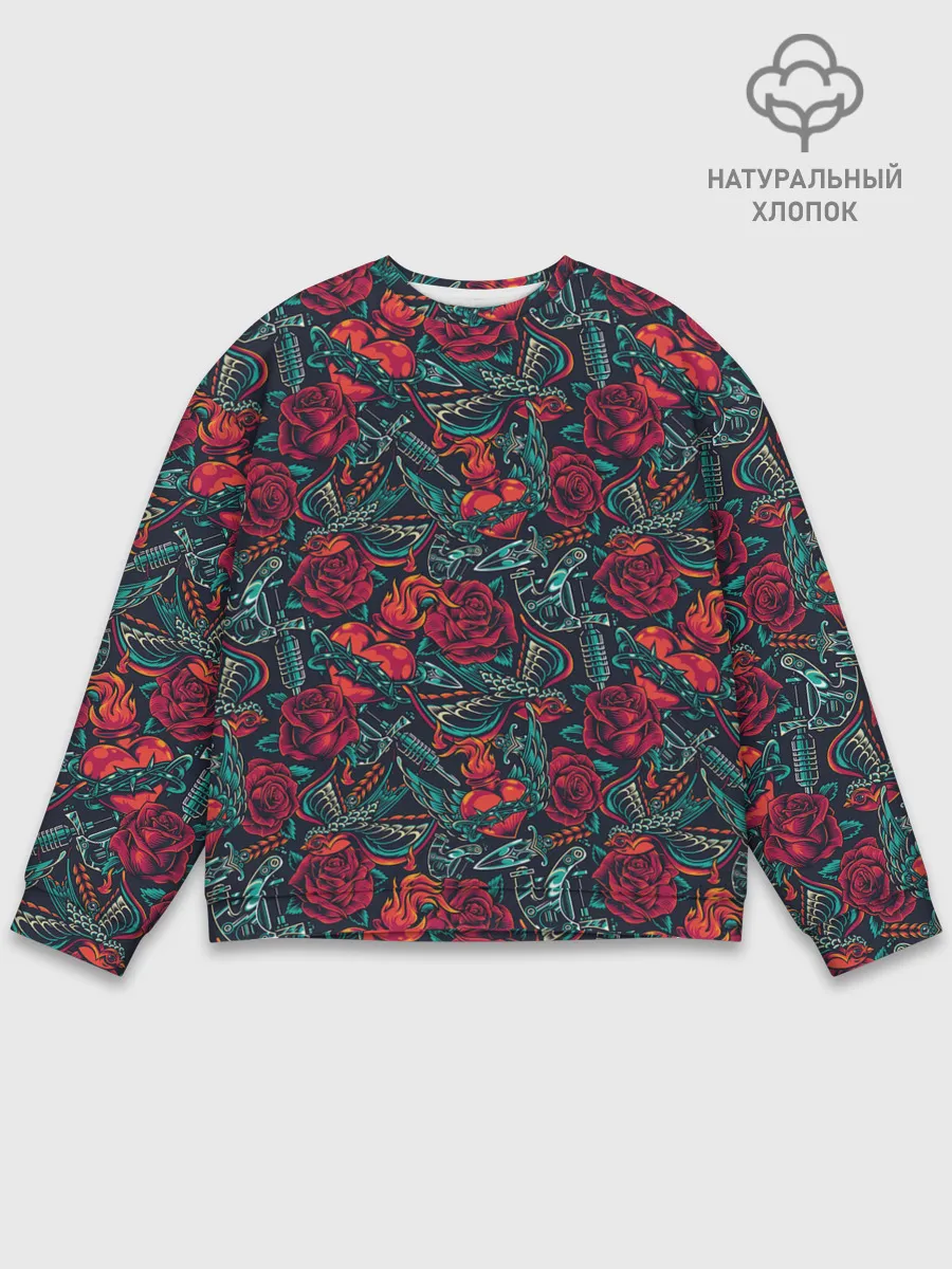 Мужской свитшот базовый / Тату узор розы и машинки