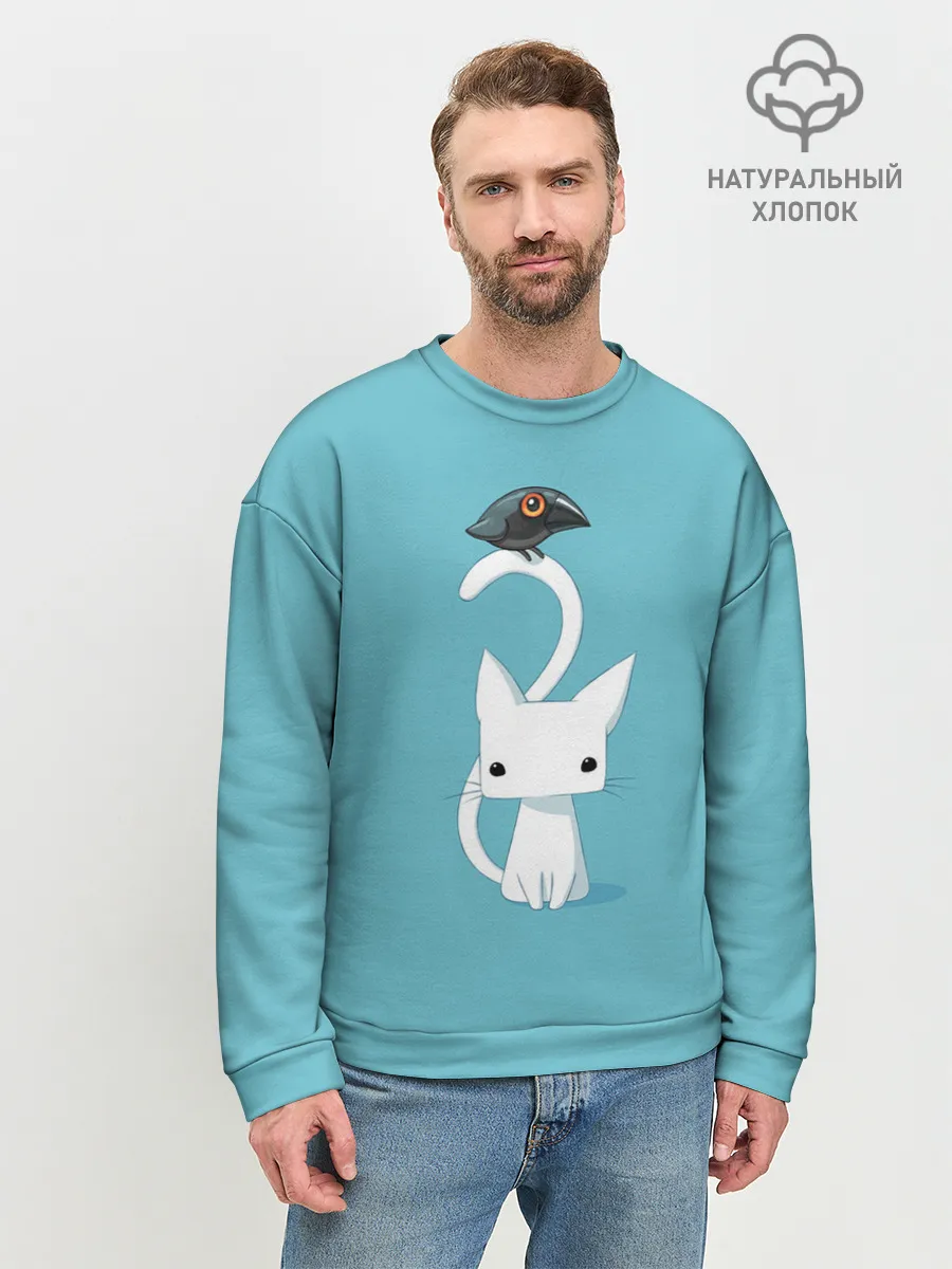 Мужской свитшот базовый / Белый котик и воробушек