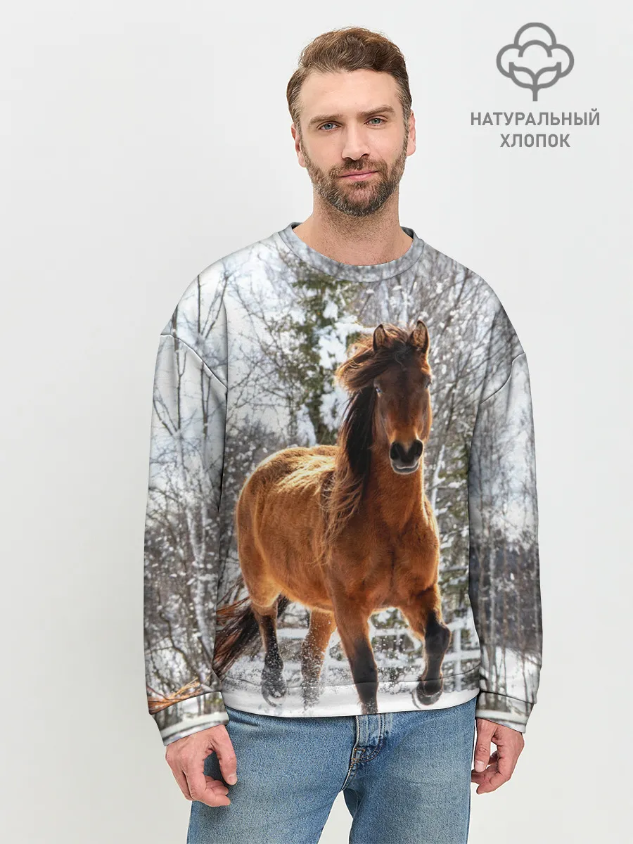 Мужской свитшот базовый / Конь и снег
