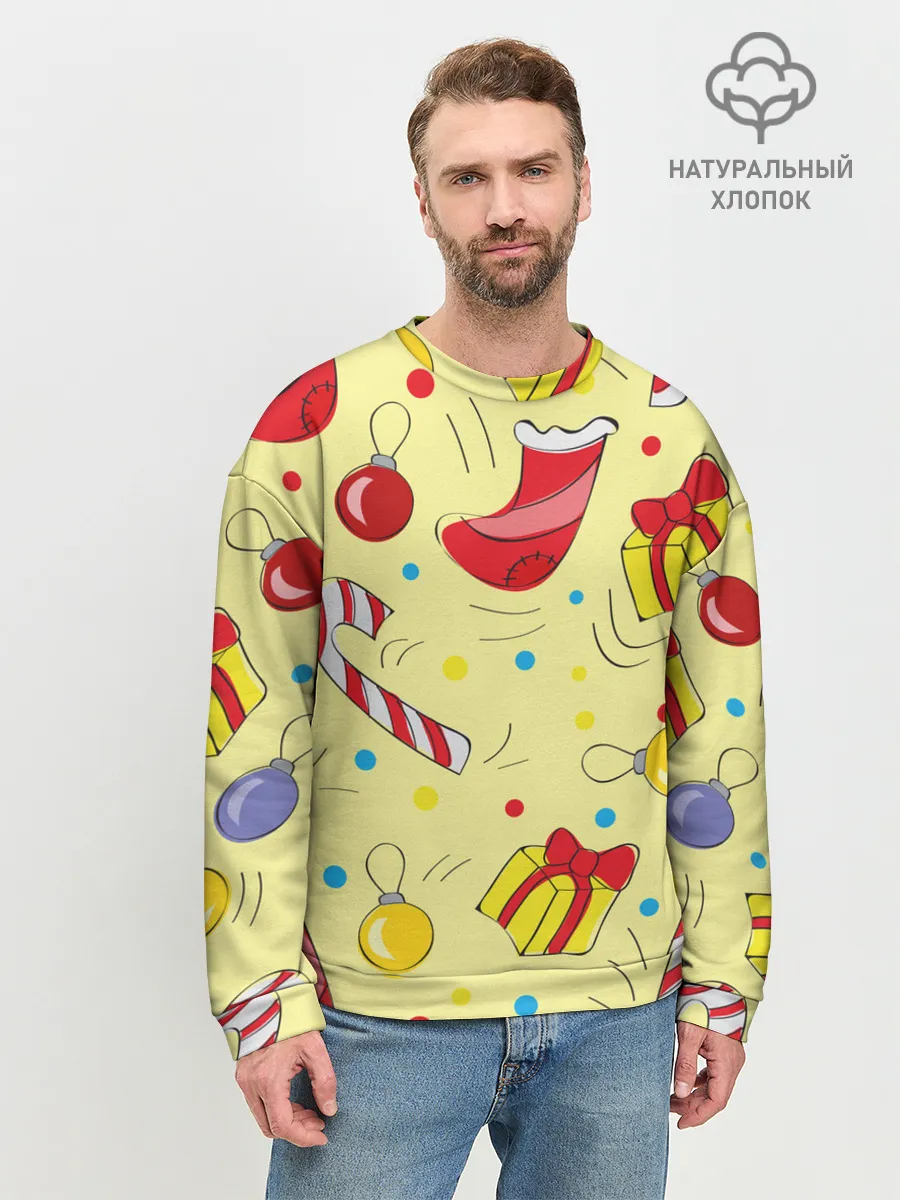 Мужской свитшот базовый / Новогодний узор на желтом фоне