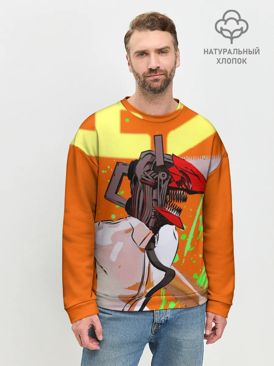 Мужской свитшот базовый / Человек-Бензопила на голубом фоне
