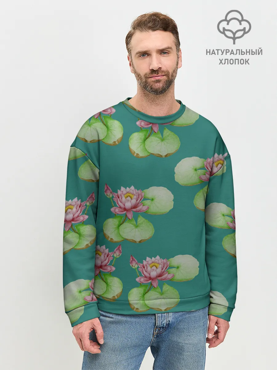 Мужской свитшот базовый / Лотосы на темно бирюзовом фоне