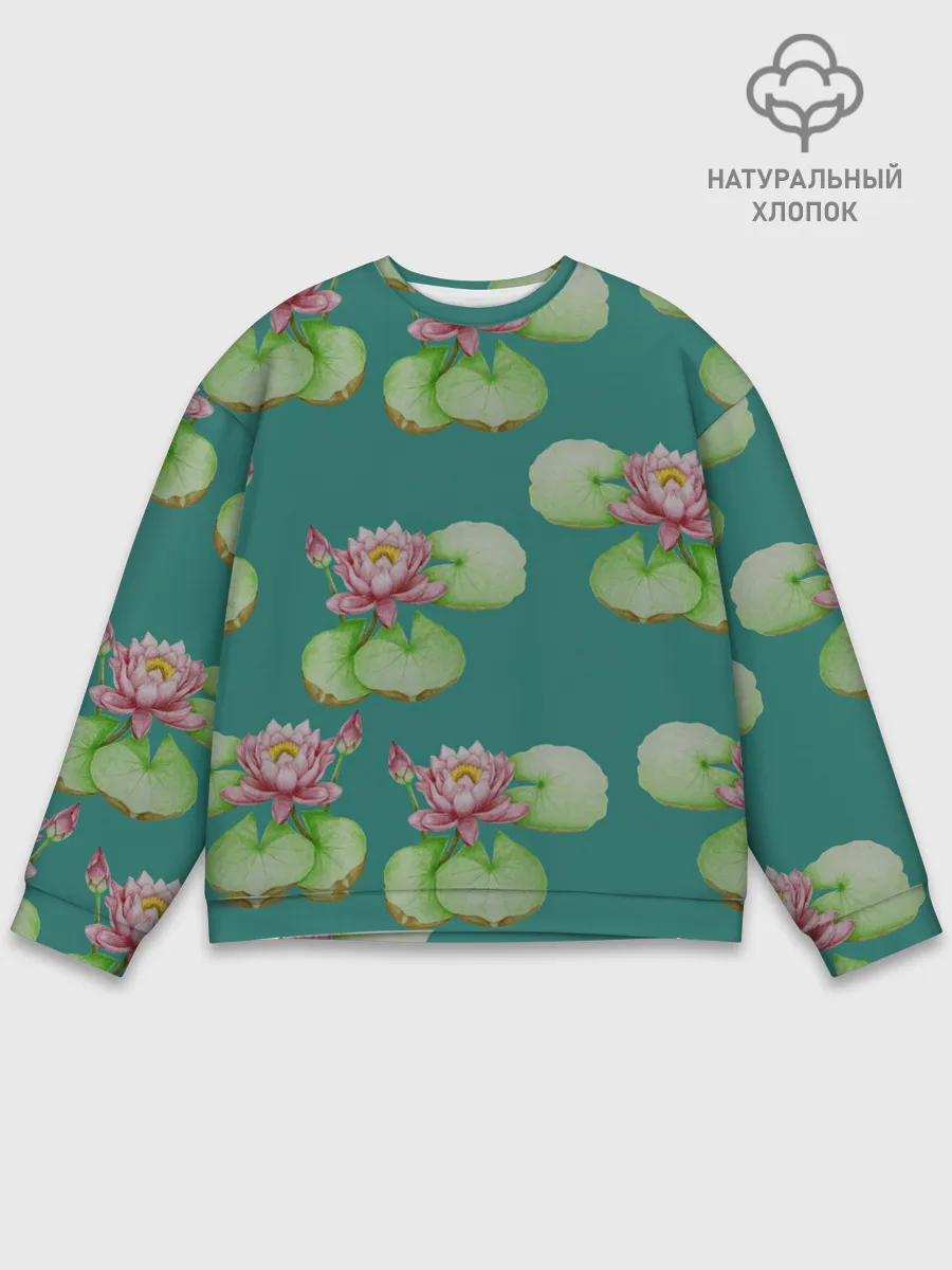 Мужской свитшот базовый / Лотосы на темно бирюзовом фоне