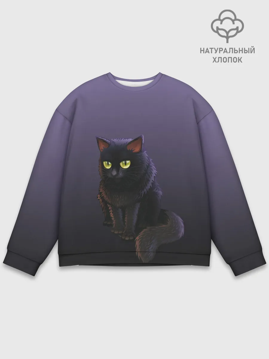 Мужской свитшот базовый / черный кот на фиолетовом