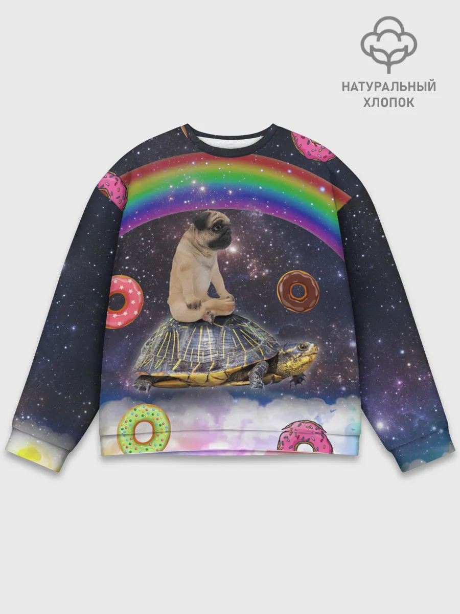 Мужской свитшот базовый / Мопс на черепахе в космосе
