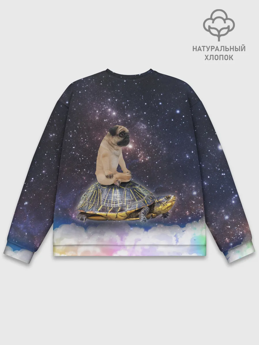 Мужской свитшот базовый / Мопс на черепахе в космосе